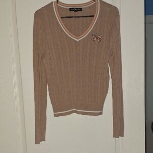 Charlotte Russe Tan V-Neck Sweater with Butterfly Accent